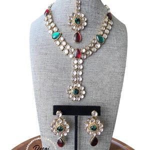 Indian Red and Green Kundan Necklace with Earrings and  Maang Tikka